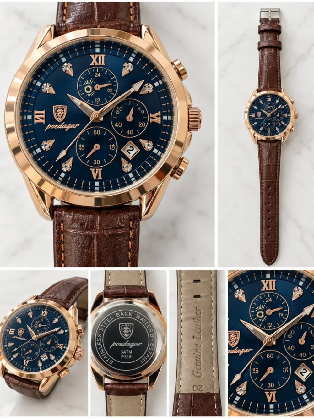 Poedagar P318 Men’s Quartz Watch Blue Dial Rose Gold Tone Brown Leather